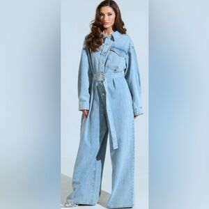AKIRA Sky Blue Denim Belted Romper
